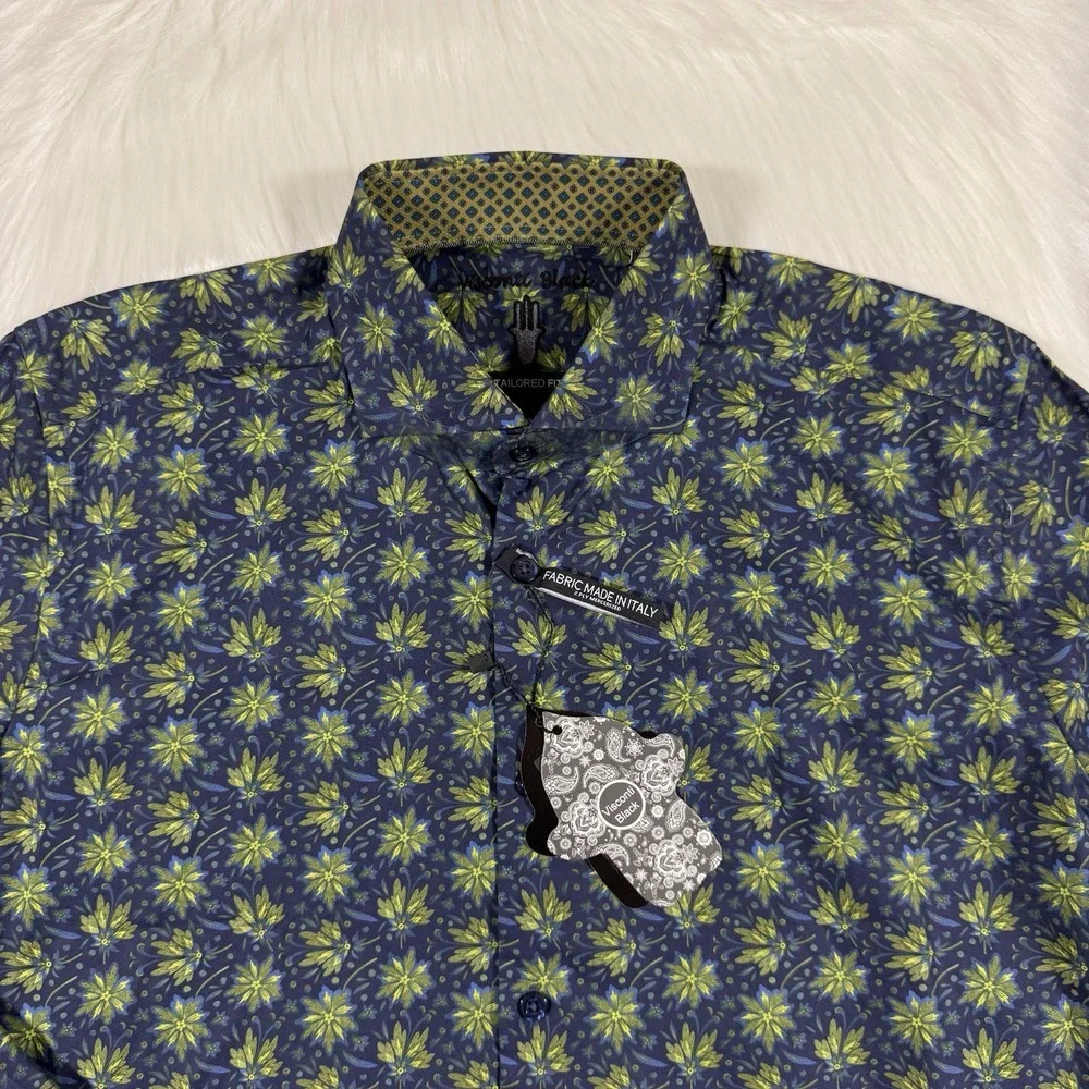 Visconti‎ Black Men's Size Small Green Blue Leaf Print Long Sleeve Shirt